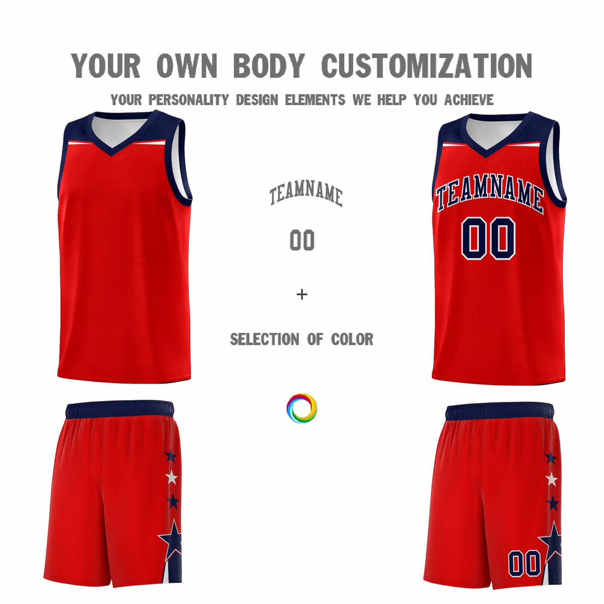 Custom Youth Basketball Uniform Red Navy Two Tone Side Star Personalized Team Jersey