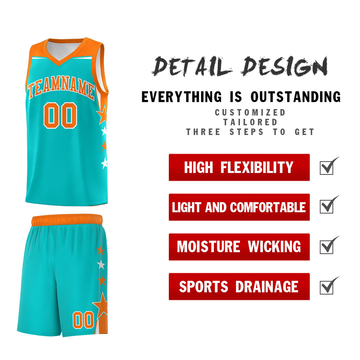 Custom Youth Basketball Uniform Aqua Orange Two Tone Side Star Personalized Team Jersey
