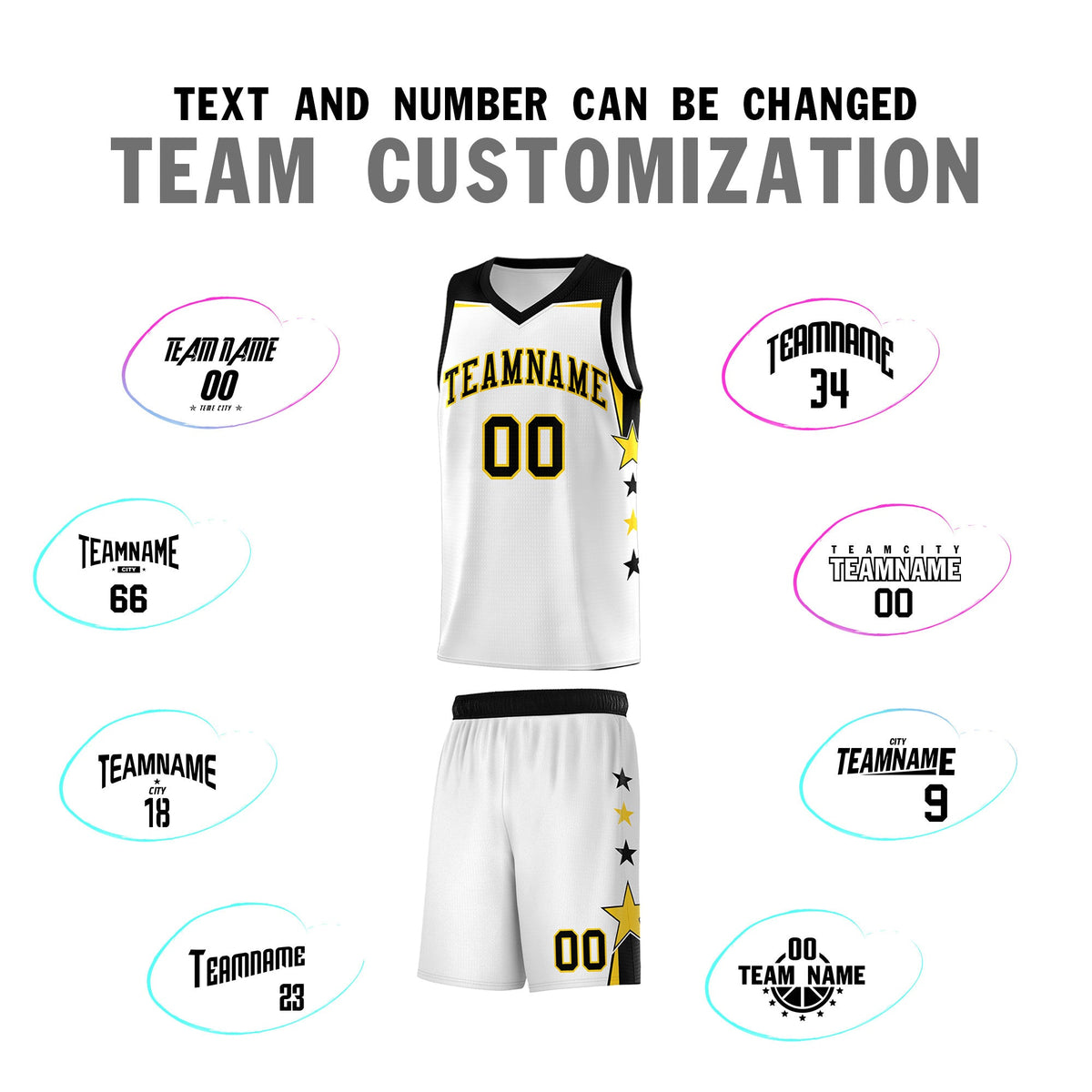 Custom Youth Basketball Uniform White Black Two Tone Side Star Color Block Team Jersey