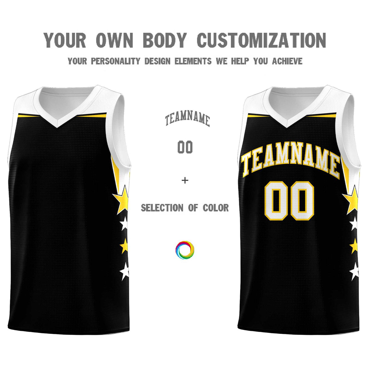 Custom Youth Basketball Uniform Black White Two Tone Side Star Add Name Number &amp; Logo