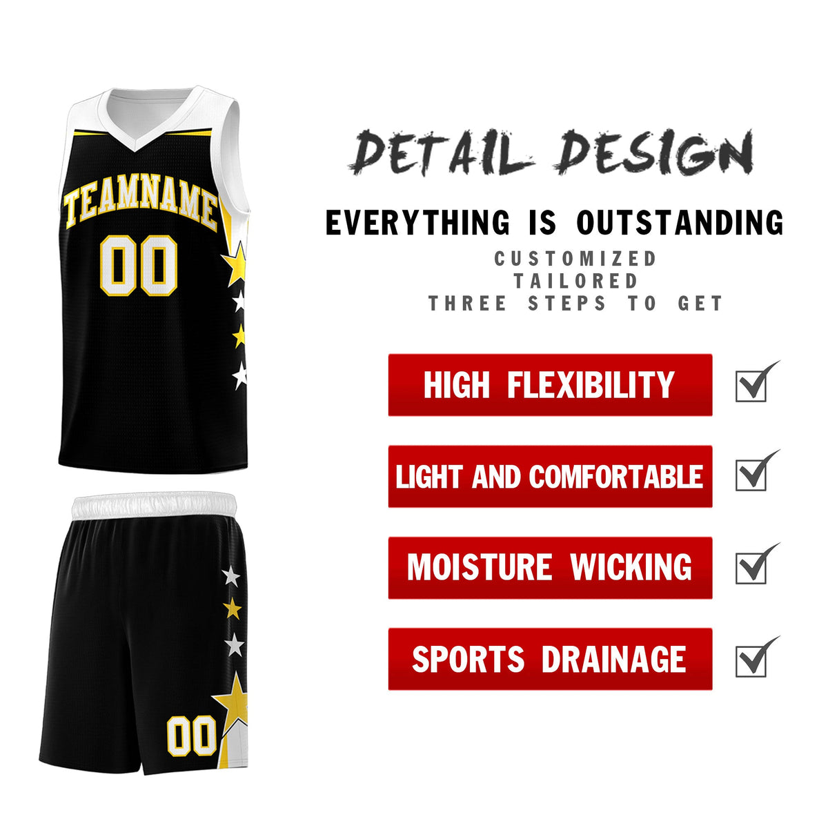 Custom Youth Basketball Uniform Black White Two Tone Side Star Add Name Number &amp; Logo