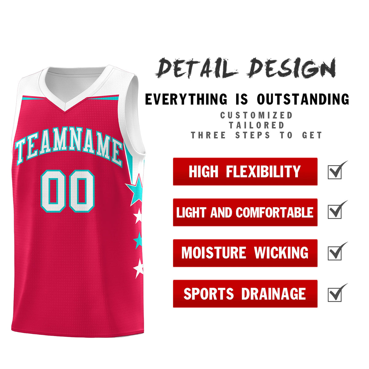 Custom Youth Basketball Uniform Red White Two Tone Side Star Add Name Number &amp; Logo
