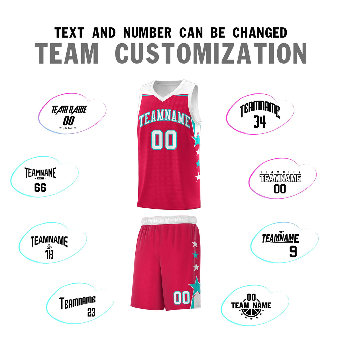 Custom Youth Basketball Uniform Red White Two Tone Side Star Add Name Number &amp; Logo