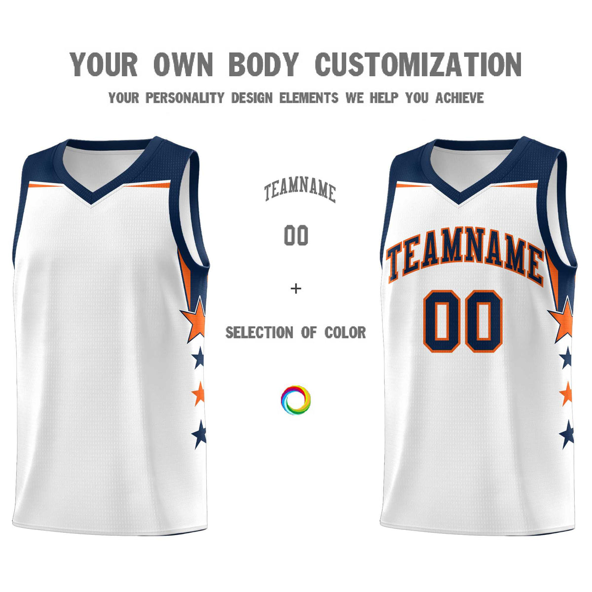 Custom Youth Basketball Uniform White Navy Two Tone Side Star Color Block Team Jersey
