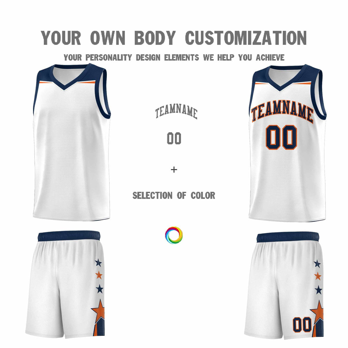 Custom Youth Basketball Uniform White Navy Two Tone Side Star Color Block Team Jersey