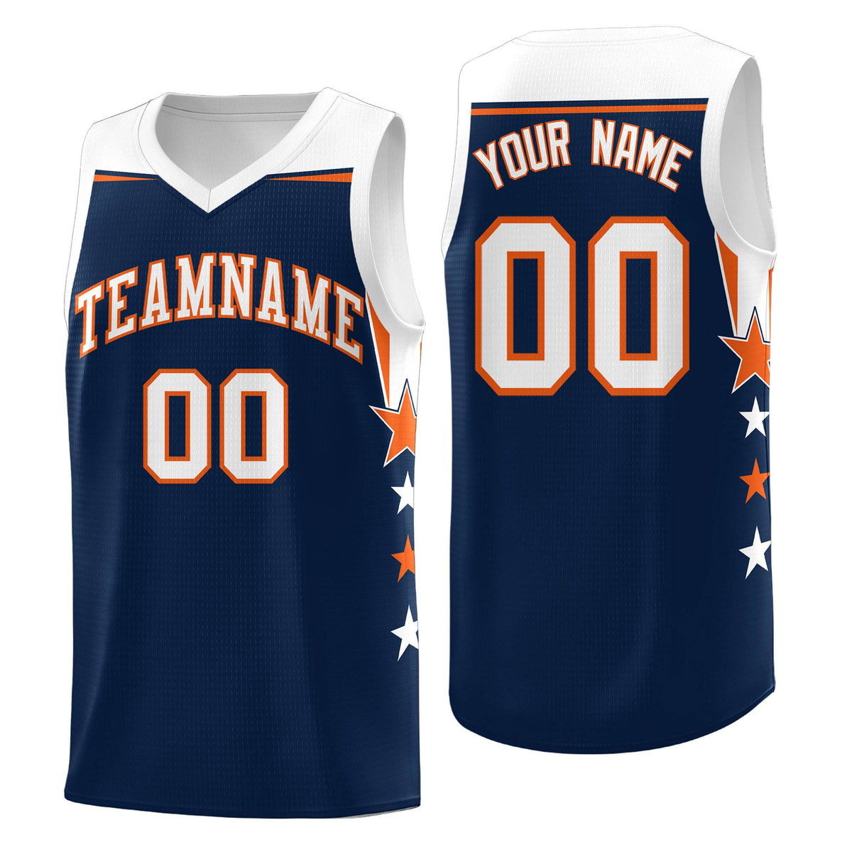 Custom Youth Basketball Uniform Navy White Two Tone Side Star Add Name Number &amp; Logo