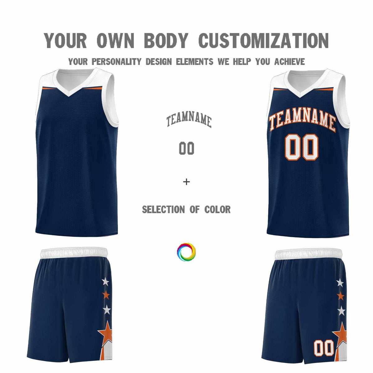 Custom Youth Basketball Uniform Navy White Two Tone Side Star Add Name Number &amp; Logo