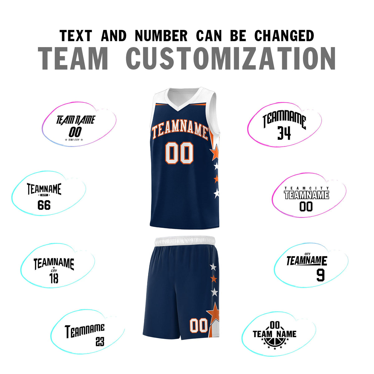 Custom Youth Basketball Uniform Navy White Two Tone Side Star Add Name Number &amp; Logo