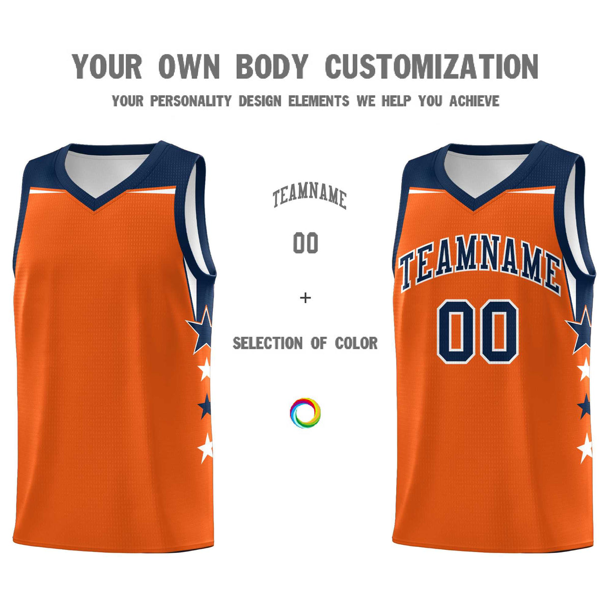 Custom Youth Basketball Uniform Orange Navy Two Tone Side Star Personalized Team Jersey