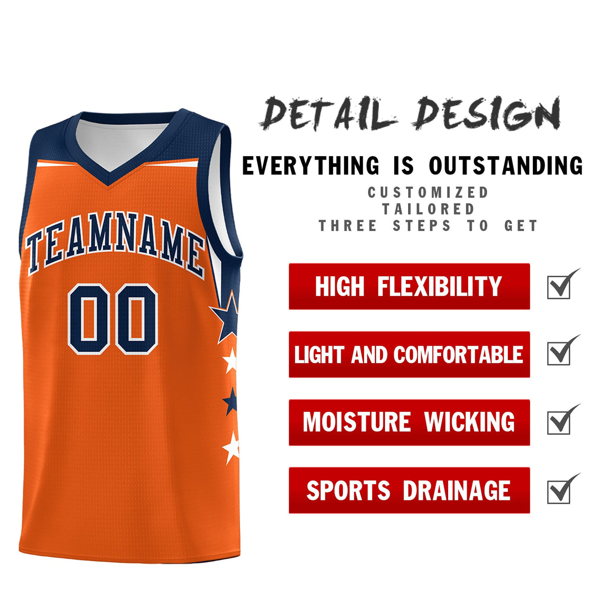 Custom Youth Basketball Uniform Orange Navy Two Tone Side Star Personalized Team Jersey