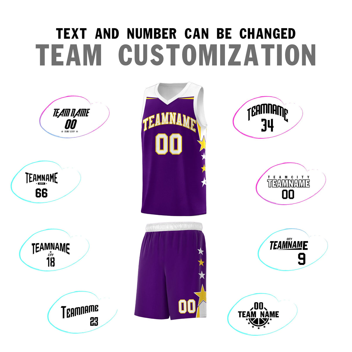 Custom Youth Basketball Uniform Purple White Two Tone Side Star Add Name Number &amp; Logo