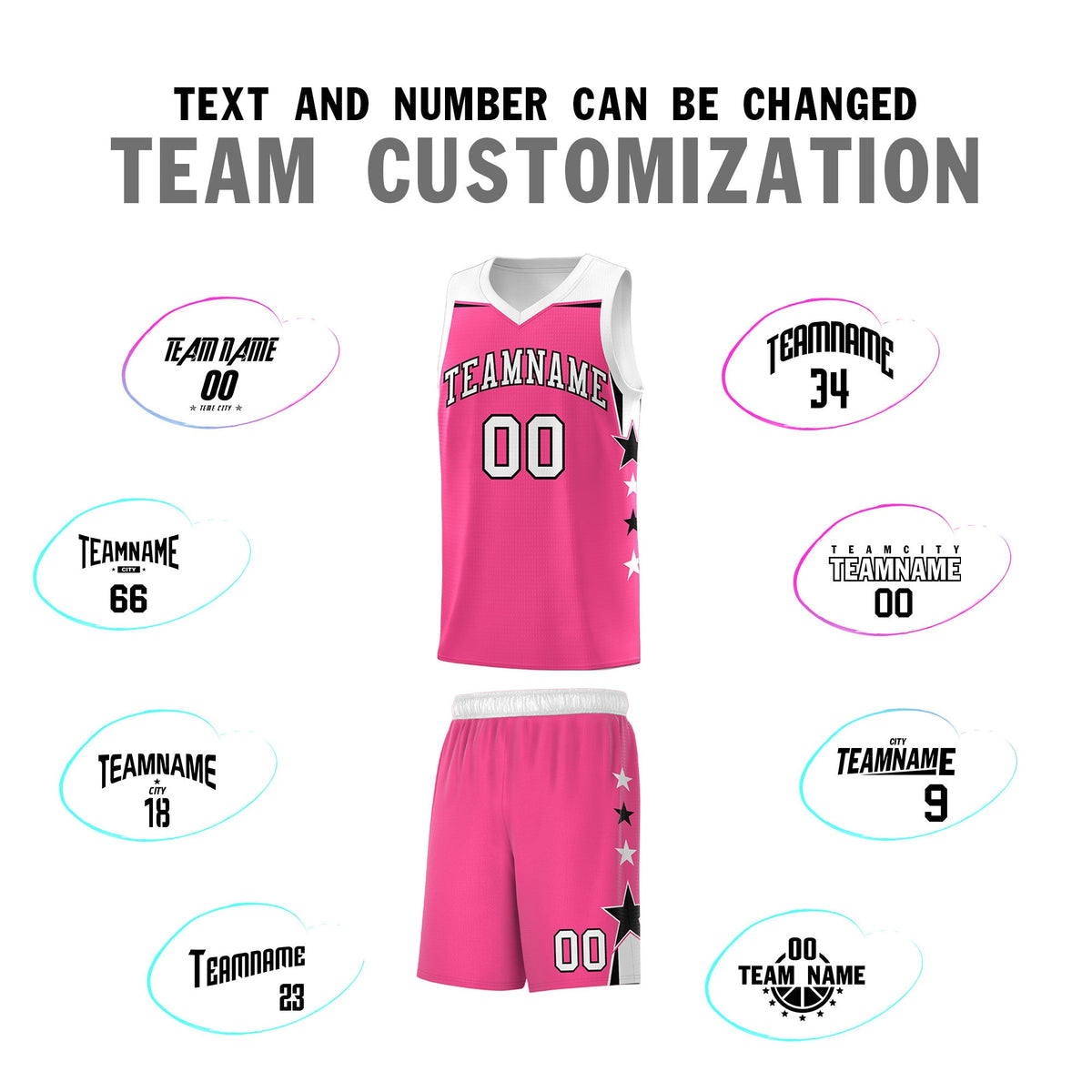 Custom Youth Basketball Uniform Pink White Two Tone Side Star Add Name Number &amp; Logo