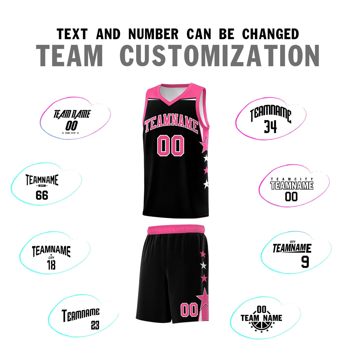 Custom Youth Basketball Uniform Black Pink Two Tone Side Star Personalized Team Jersey
