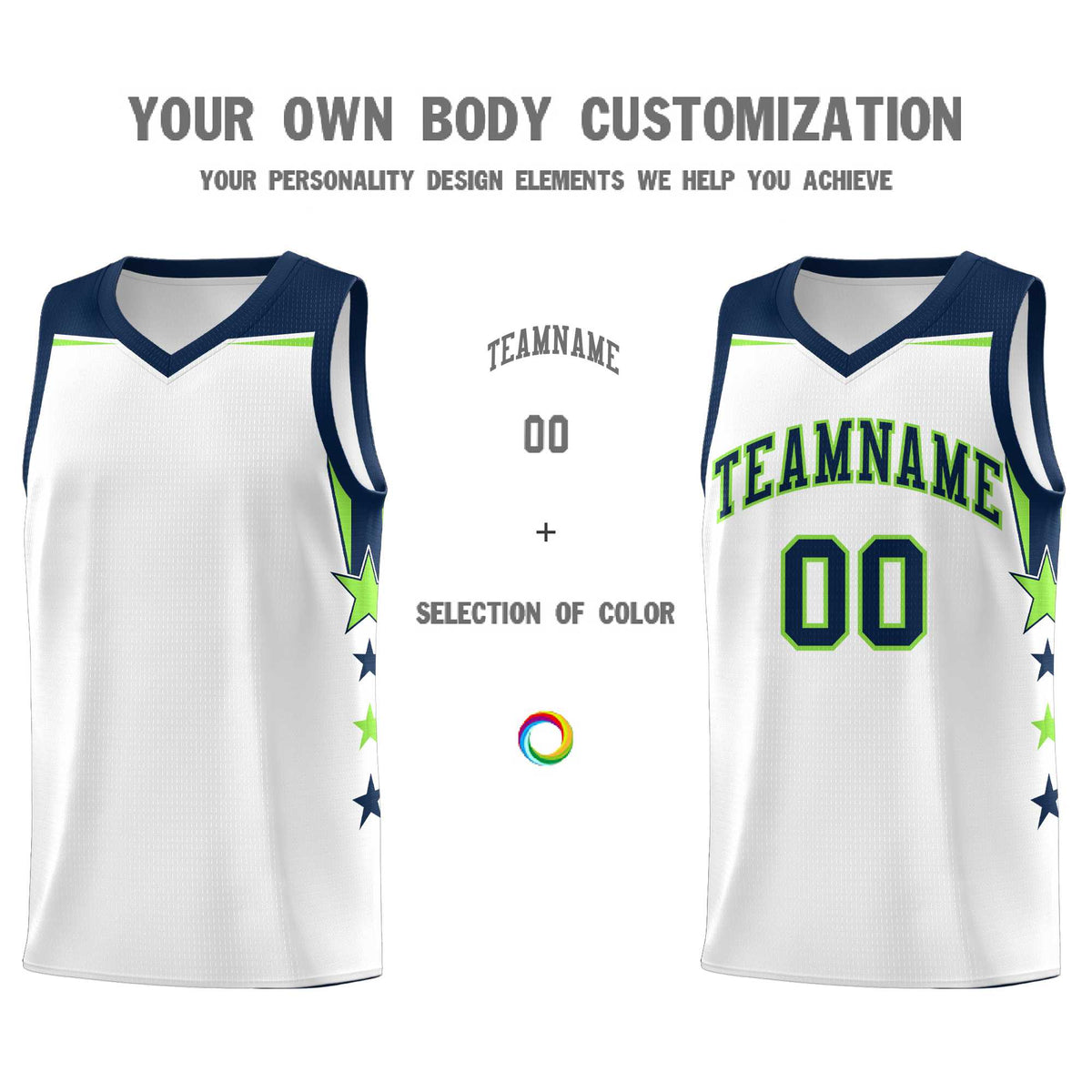 Custom Youth Basketball Uniform White Navy Two Tone Side Star Color Block Team Jersey