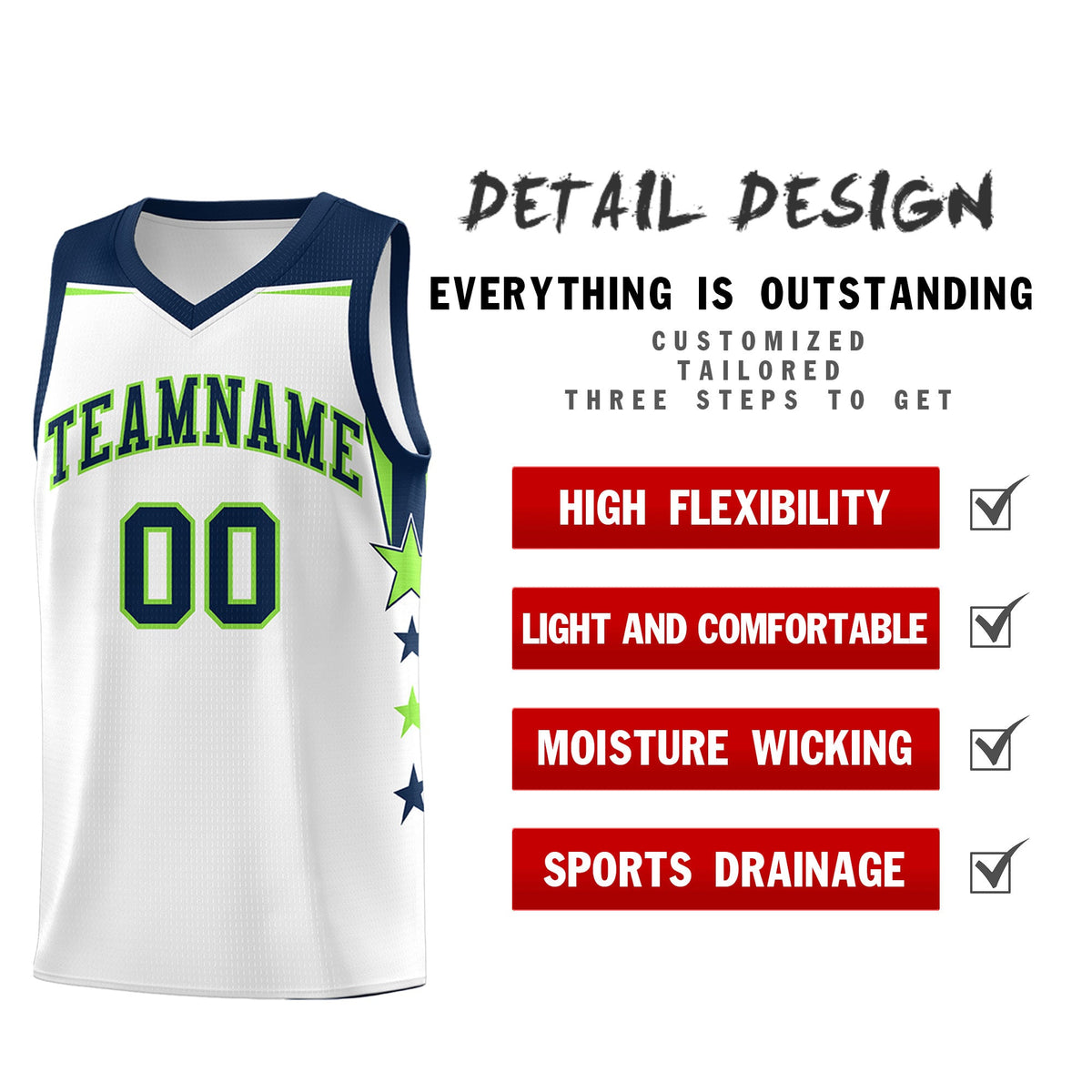 Custom Youth Basketball Uniform White Navy Two Tone Side Star Color Block Team Jersey