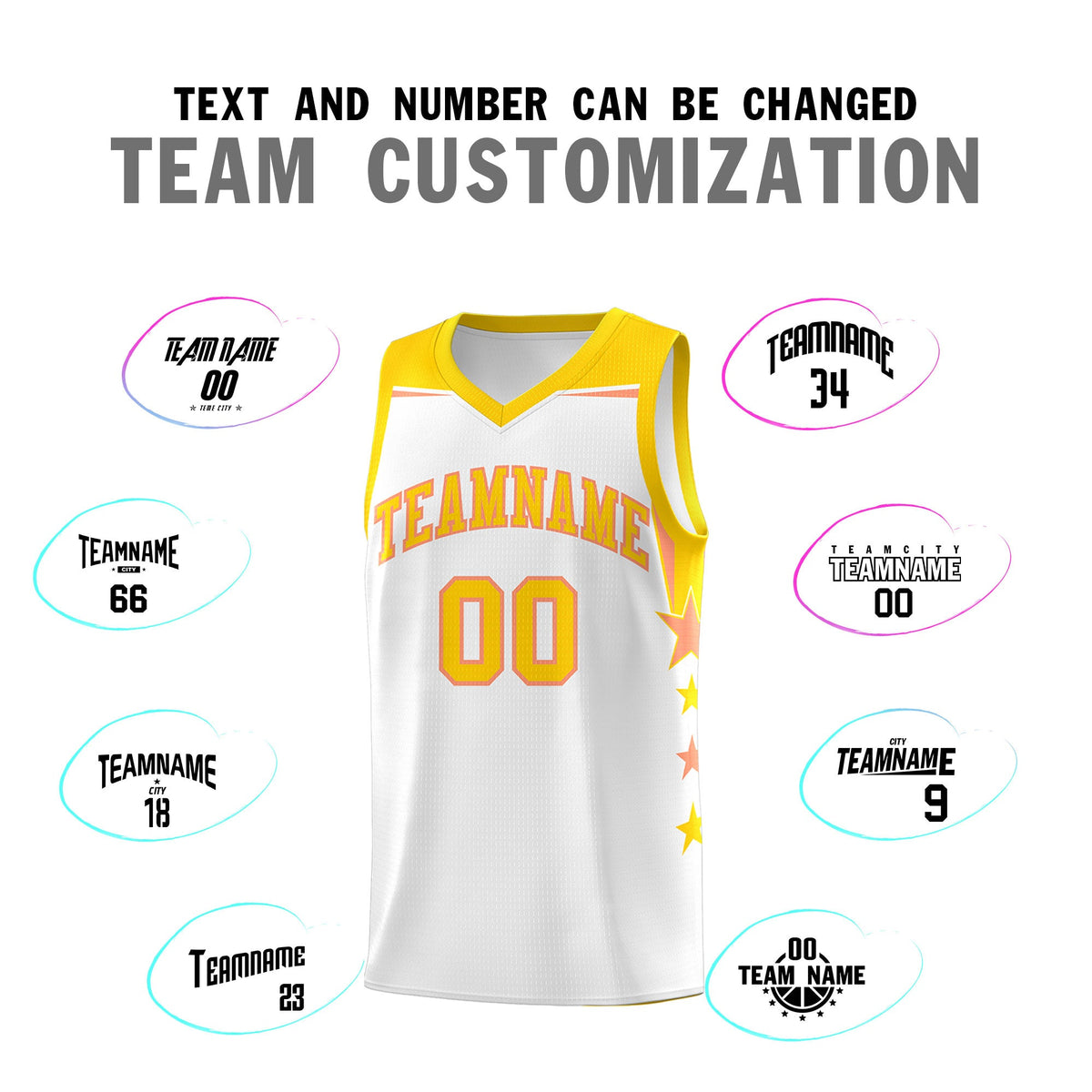 Custom Youth Basketball Uniform White Gold Two Tone Side Star Add Name Number &amp; Logo