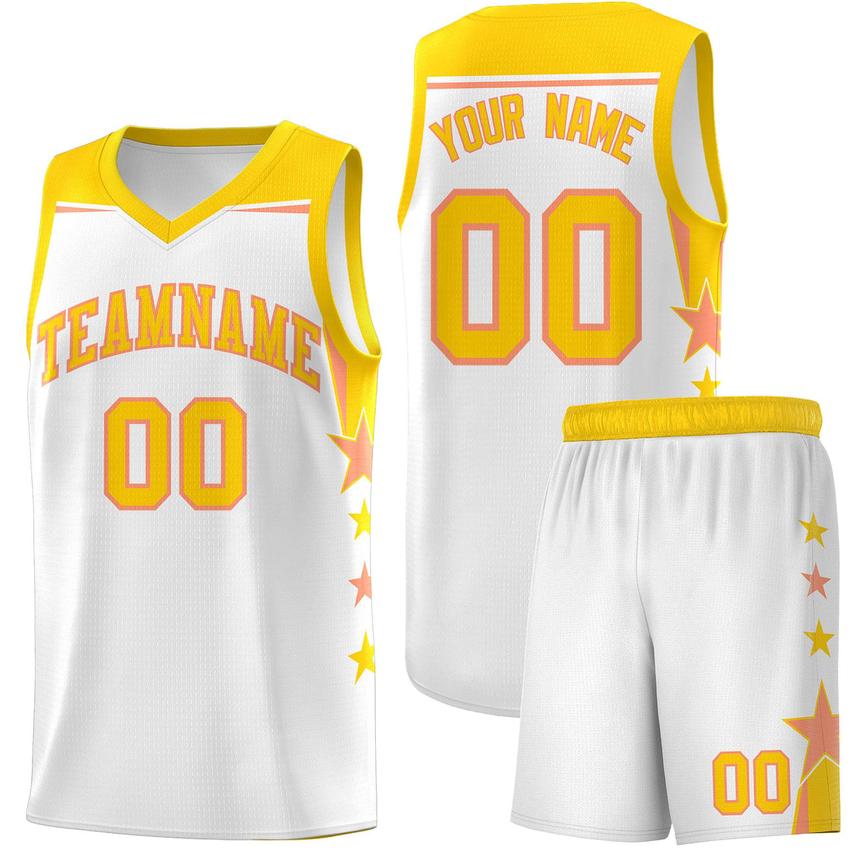 Custom Youth Basketball Uniform White Gold Two Tone Side Star Add Name Number &amp; Logo