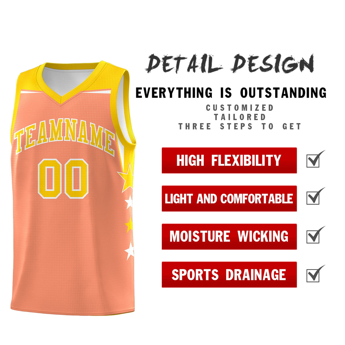 Custom Youth Basketball Uniform Light Orange Gold Two Tone Side Star Personalized Team Jersey