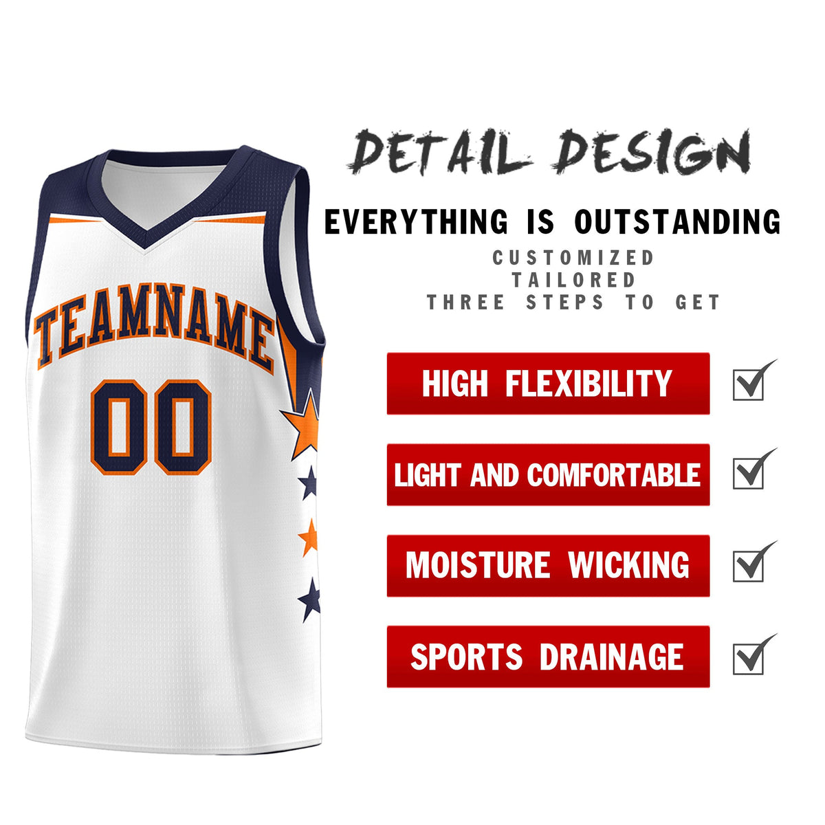 Custom Youth Basketball Uniform White Navy Two Tone Side Star Add Name Number &amp; Logo