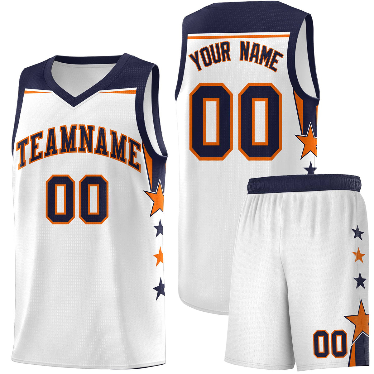 Custom Youth Basketball Uniform White Navy Two Tone Side Star Add Name Number &amp; Logo