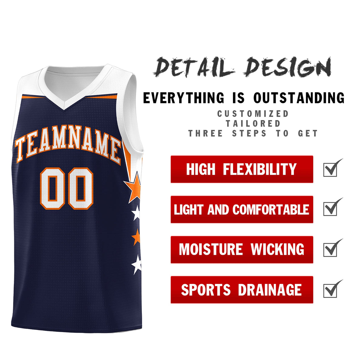 Custom Youth Basketball Uniform Navy White Two Tone Side Star Personalized Team Jersey