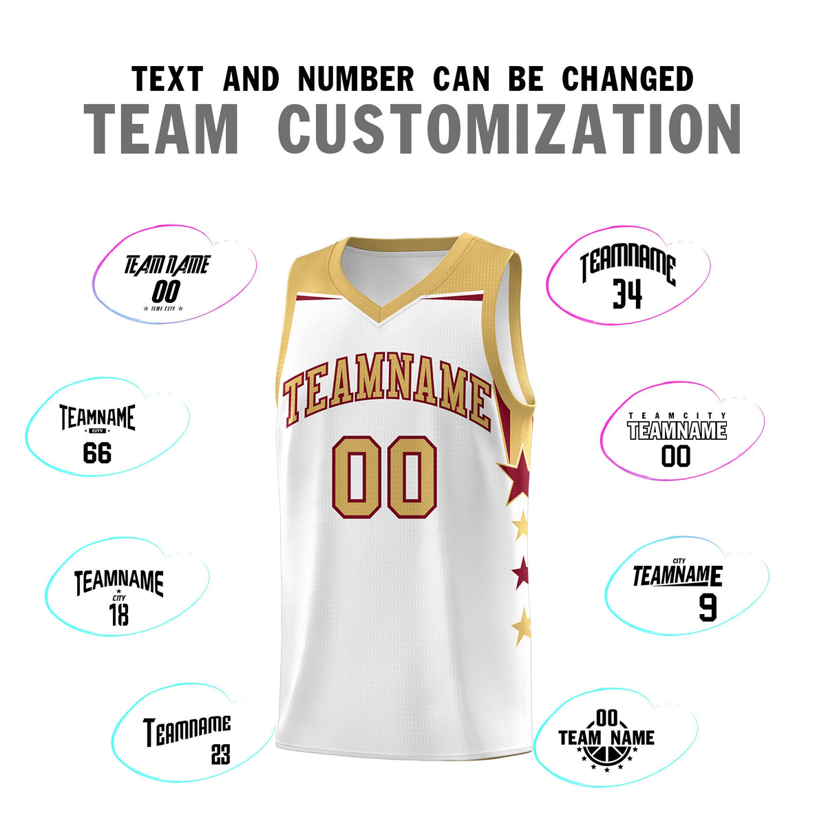Custom Youth Basketball Uniform White Old Gold Two Tone Side Star Add Name Number &amp; Logo