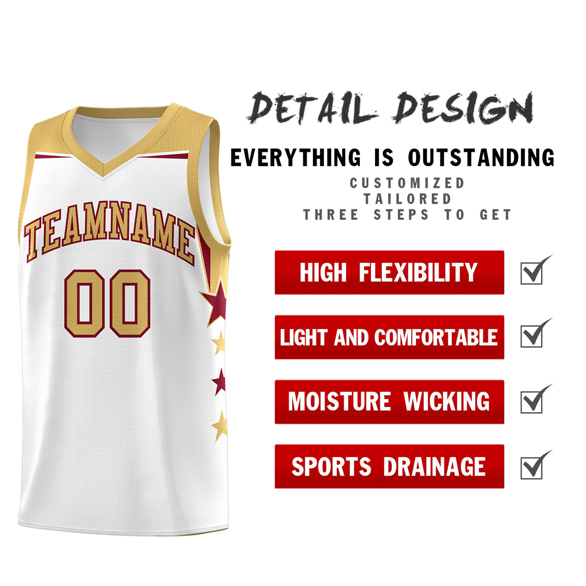 Custom Youth Basketball Uniform White Old Gold Two Tone Side Star Add Name Number &amp; Logo
