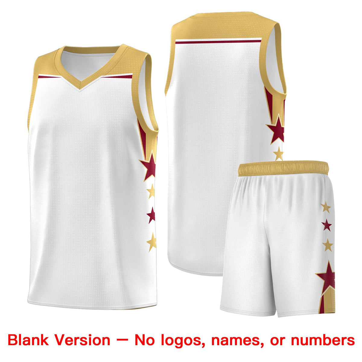Custom Youth Basketball Uniform White Old Gold Two Tone Side Star Add Name Number &amp; Logo