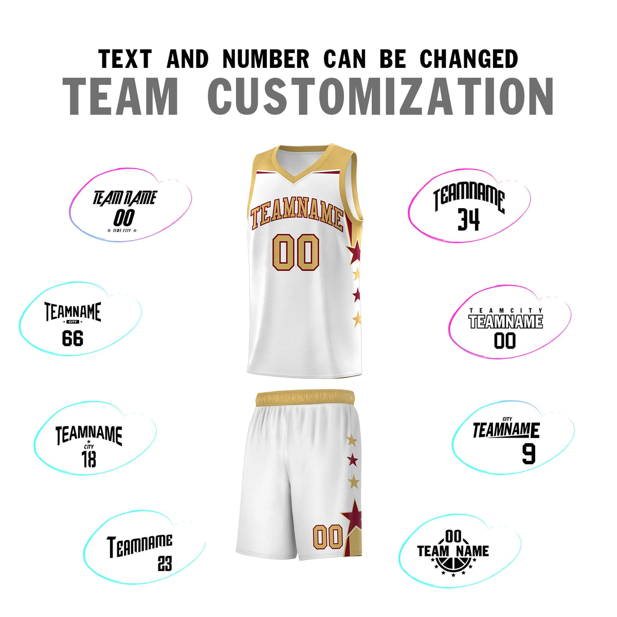 Custom Youth Basketball Uniform White Old Gold Two Tone Side Star Add Name Number &amp; Logo