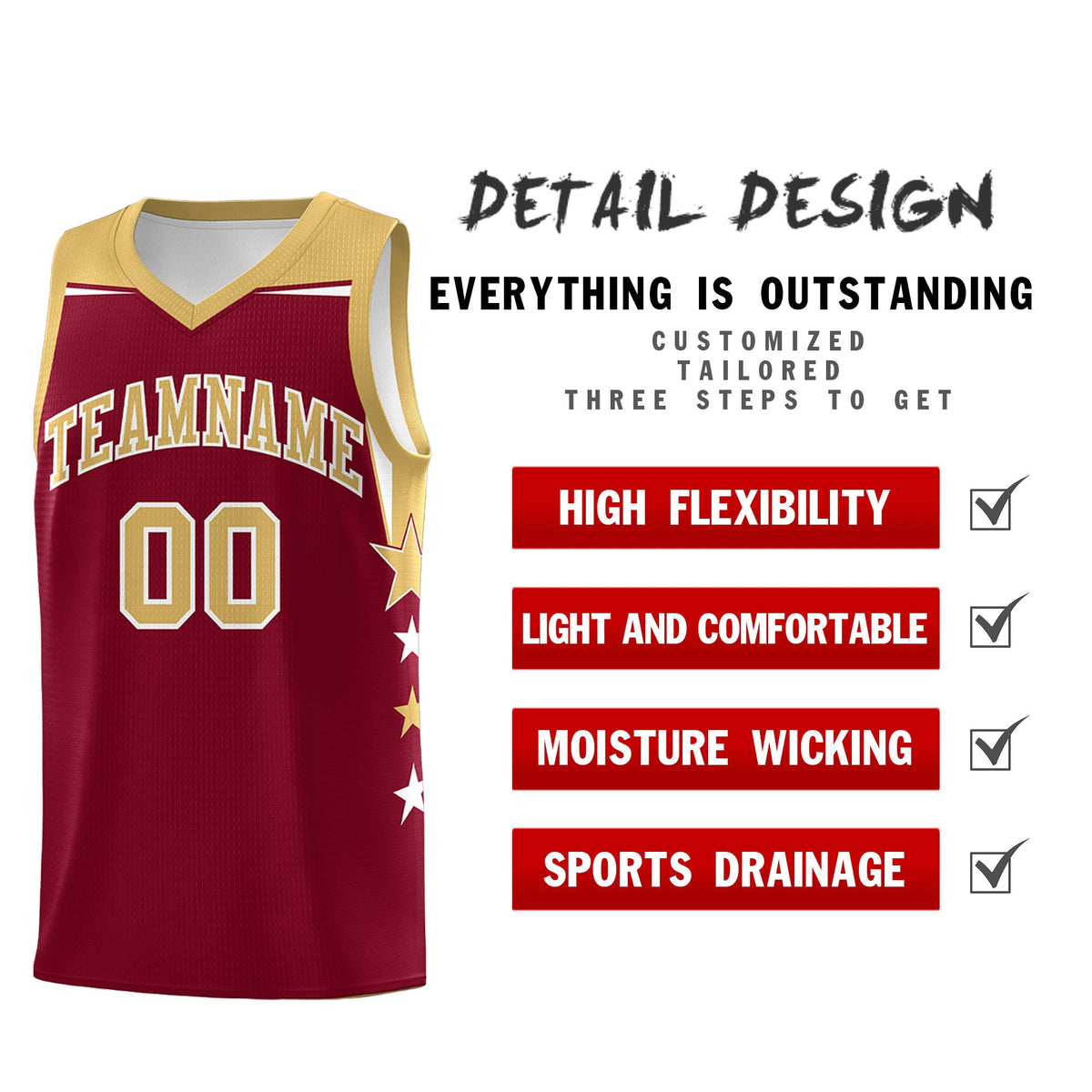 Custom Youth Basketball Uniform Crimson Old Gold Two Tone Side Star Color Block Team Jersey