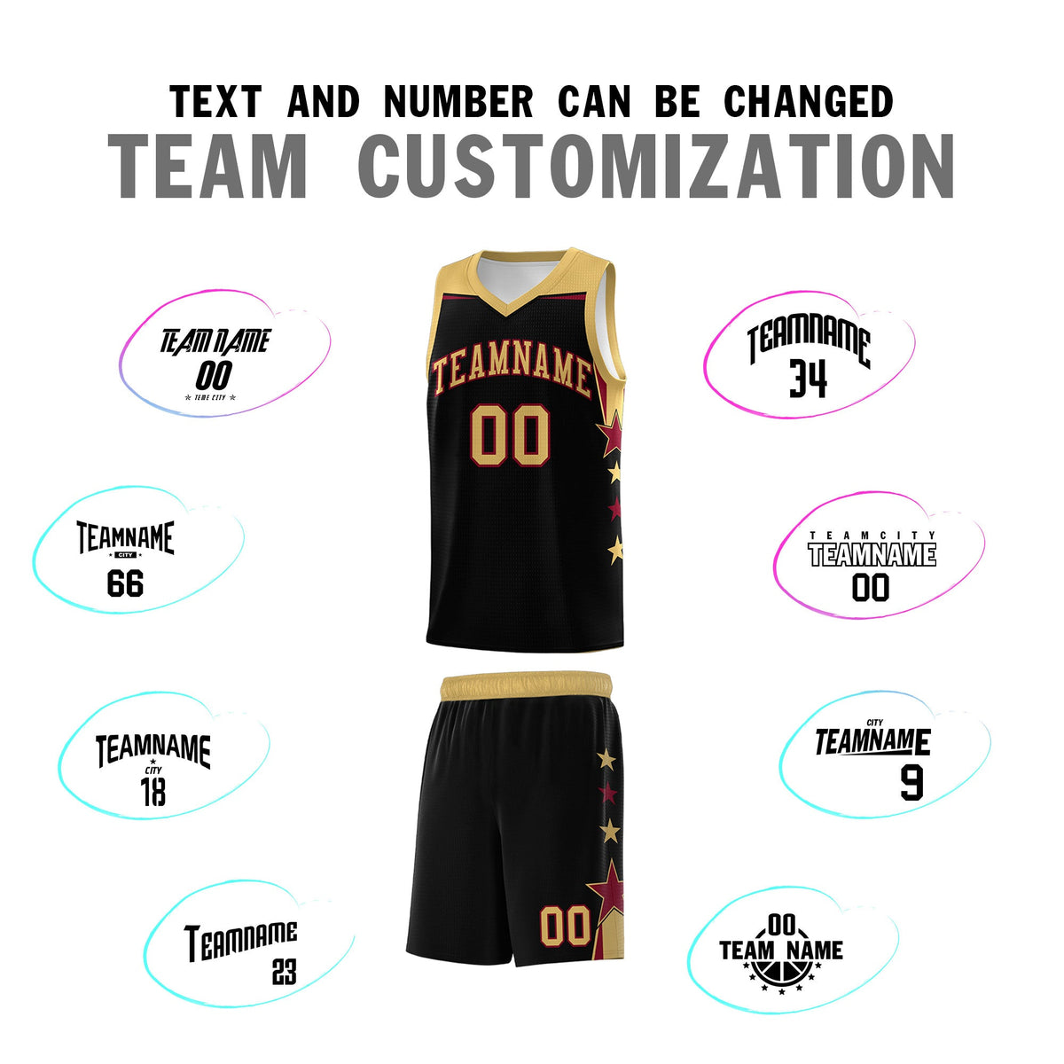 Custom Youth Basketball Uniform Black Old Gold Two Tone Side Star Add Name Number &amp; Logo