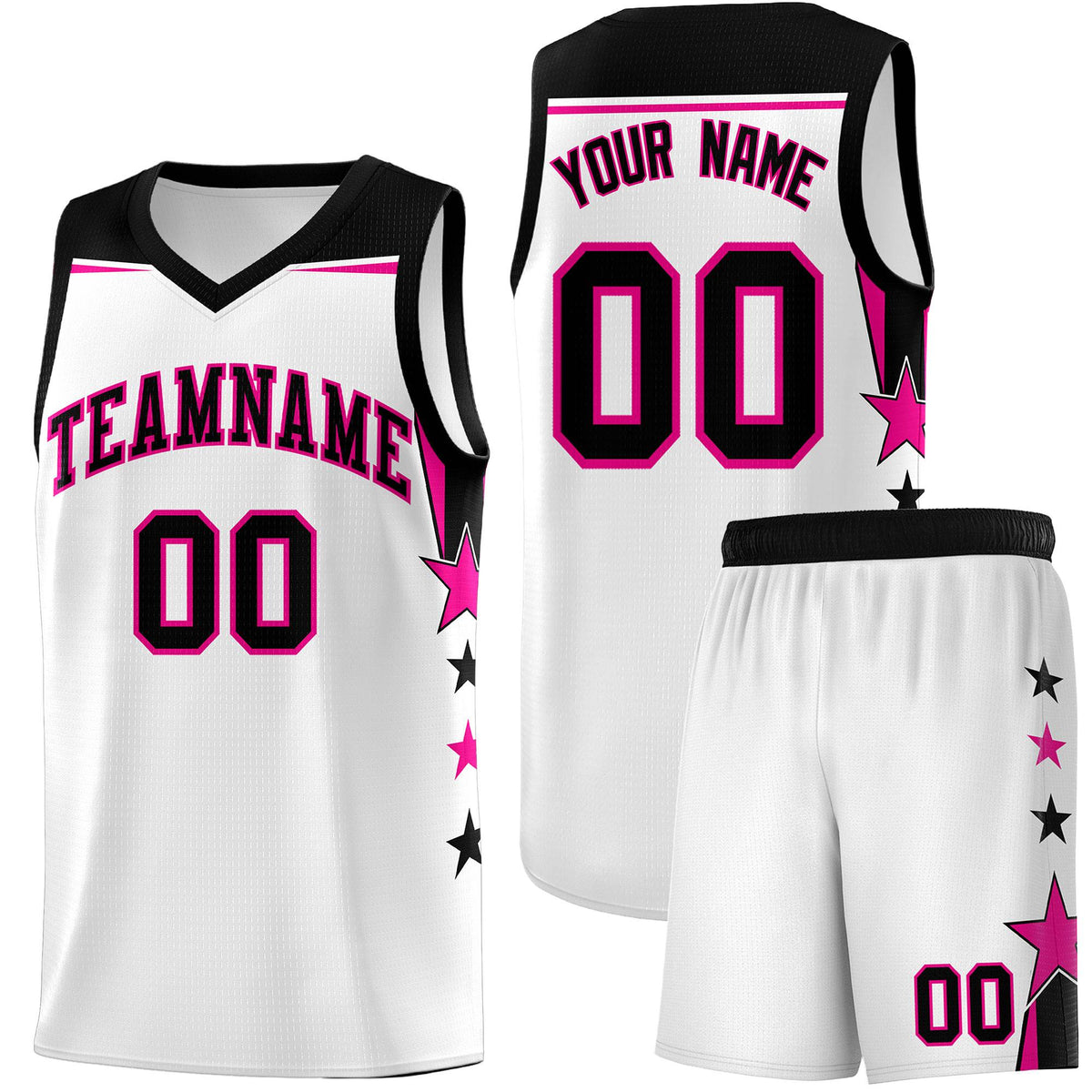 Custom Youth Basketball Uniform White Black Two Tone Side Star Add Name Number &amp; Logo