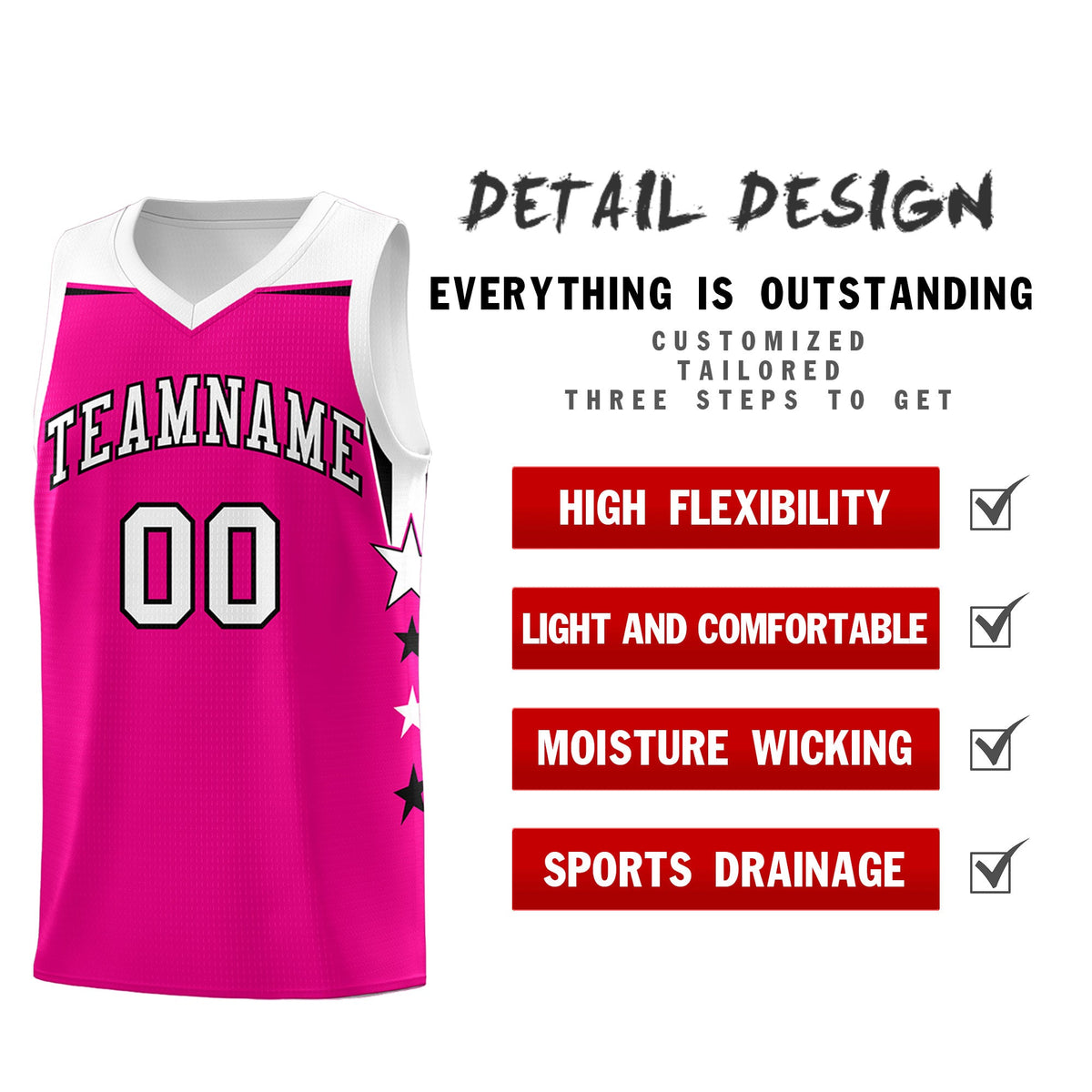 Custom Youth Basketball Uniform Pink White Two Tone Side Star Color Block Team Jersey
