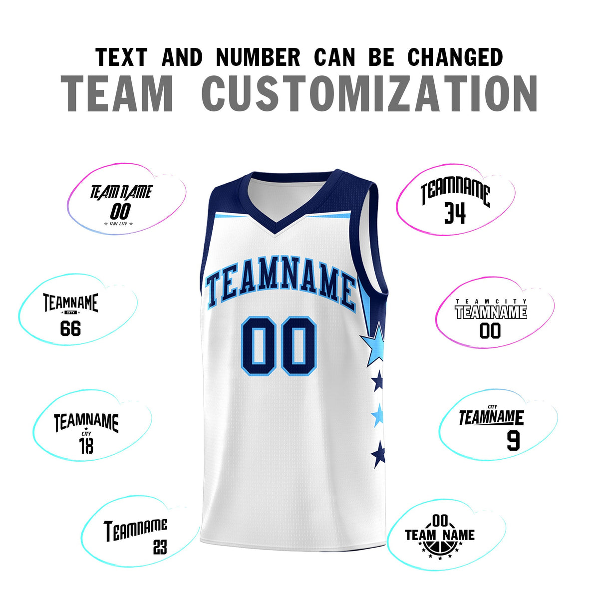 Custom Youth Basketball Uniform White Navy Two Tone Side Star Add Name Number &amp; Logo