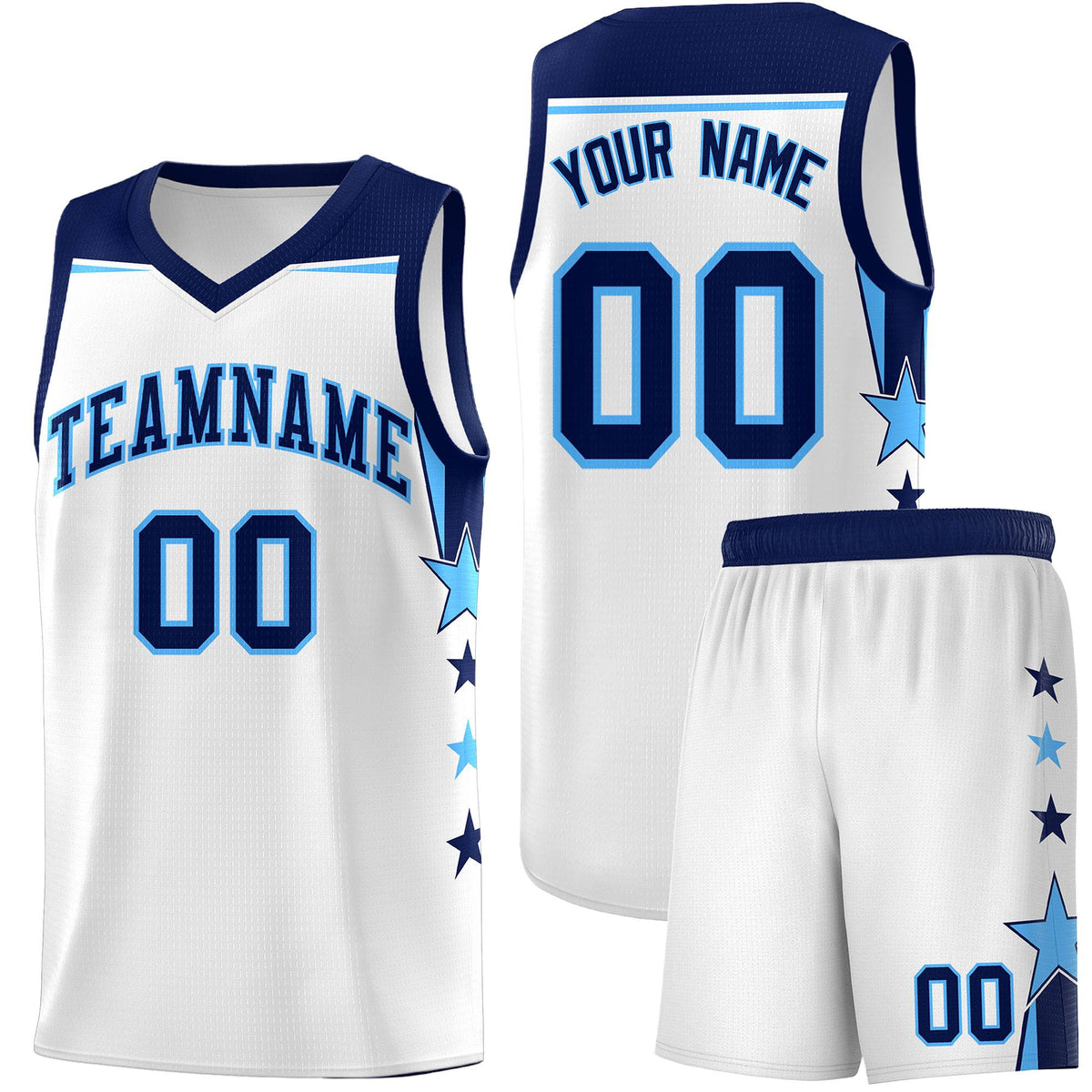 Custom Youth Basketball Uniform White Navy Two Tone Side Star Add Name Number &amp; Logo