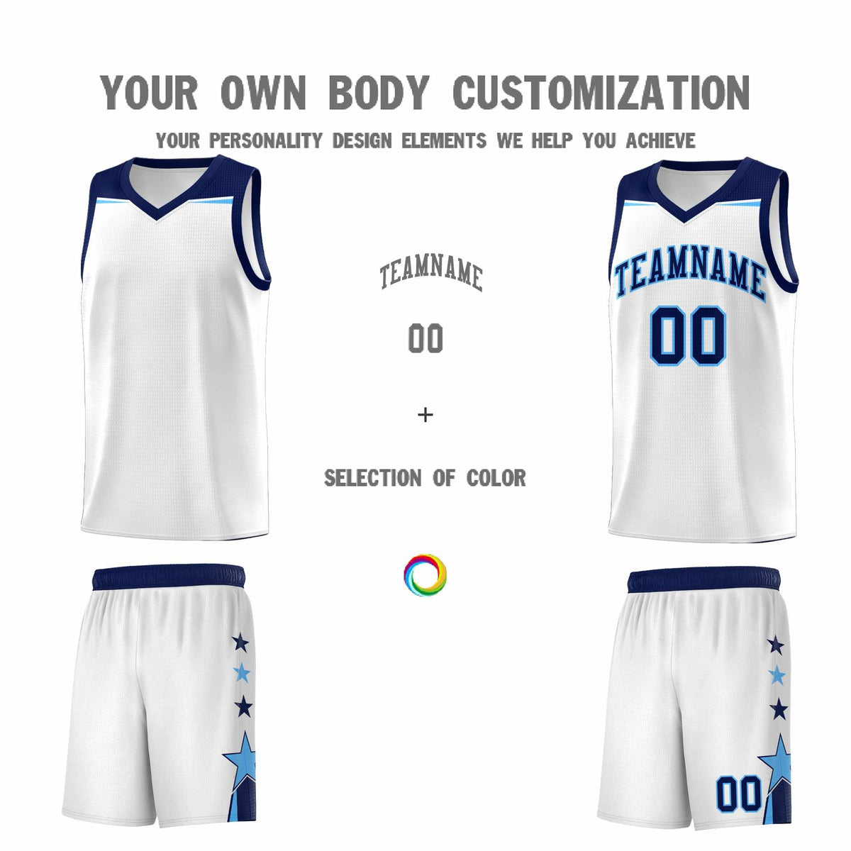 Custom Youth Basketball Uniform White Navy Two Tone Side Star Add Name Number &amp; Logo