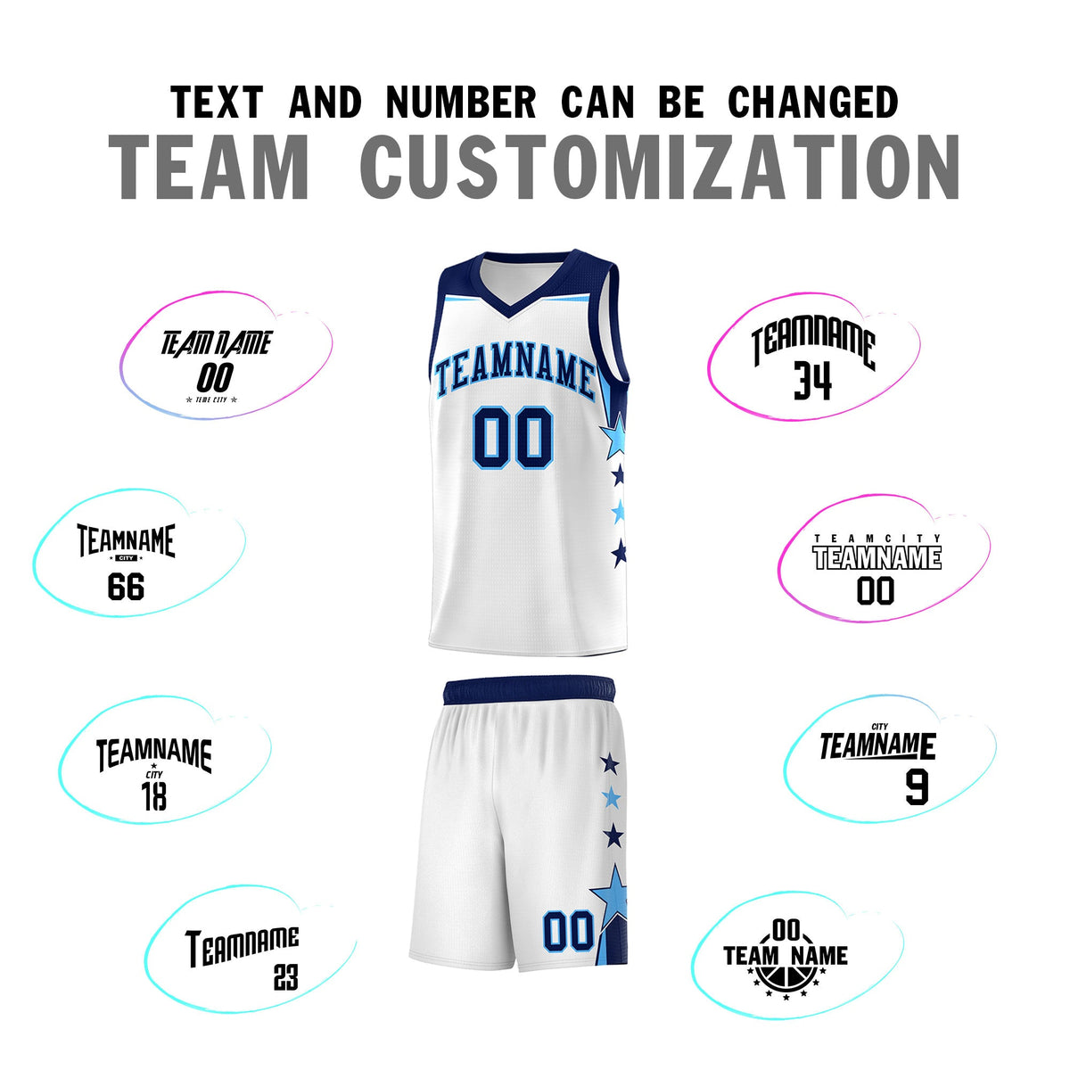 Custom Youth Basketball Uniform White Navy Two Tone Side Star Add Name Number &amp; Logo