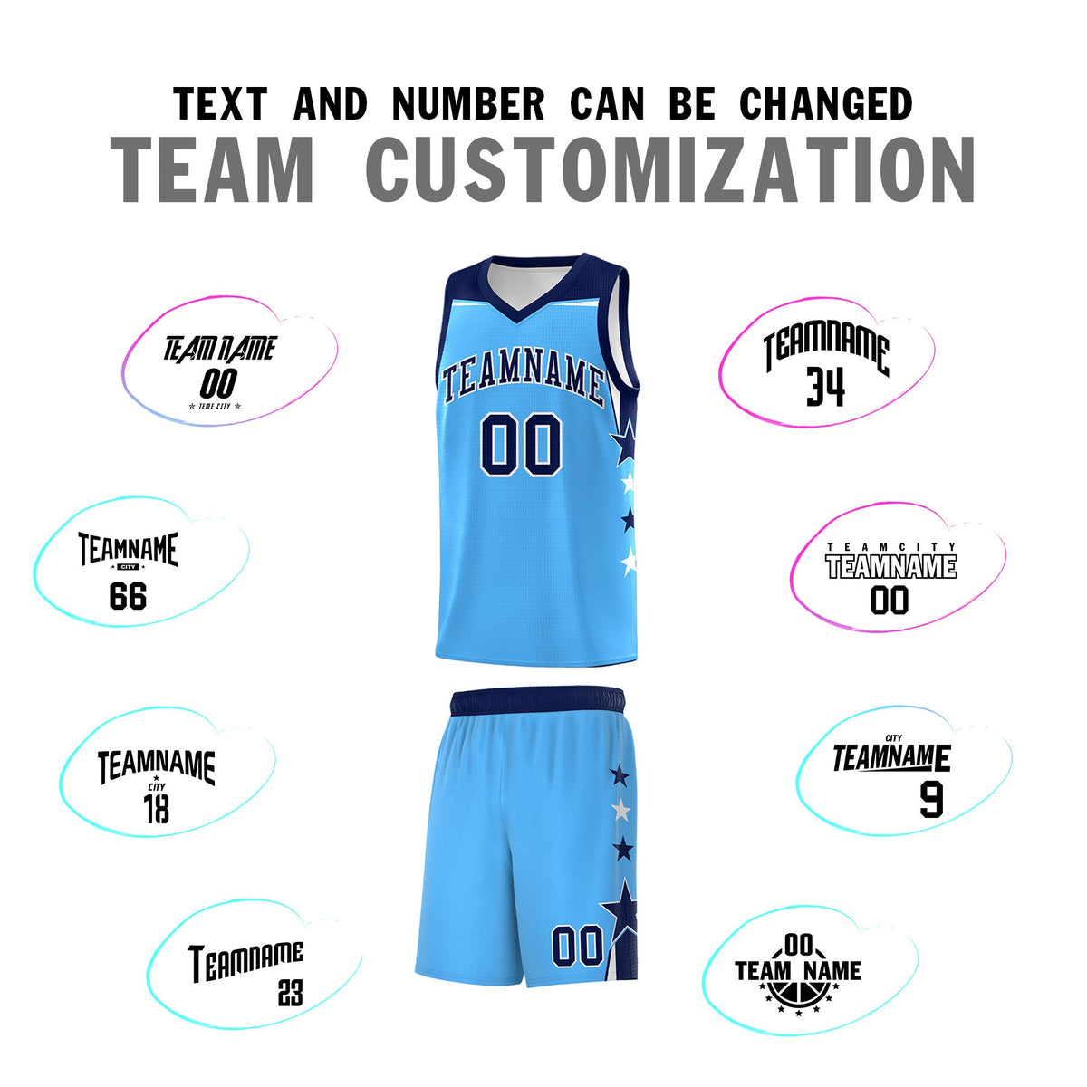 Custom Youth Basketball Uniform Powder Blue Navy Two Tone Side Star Color Block Team Jersey