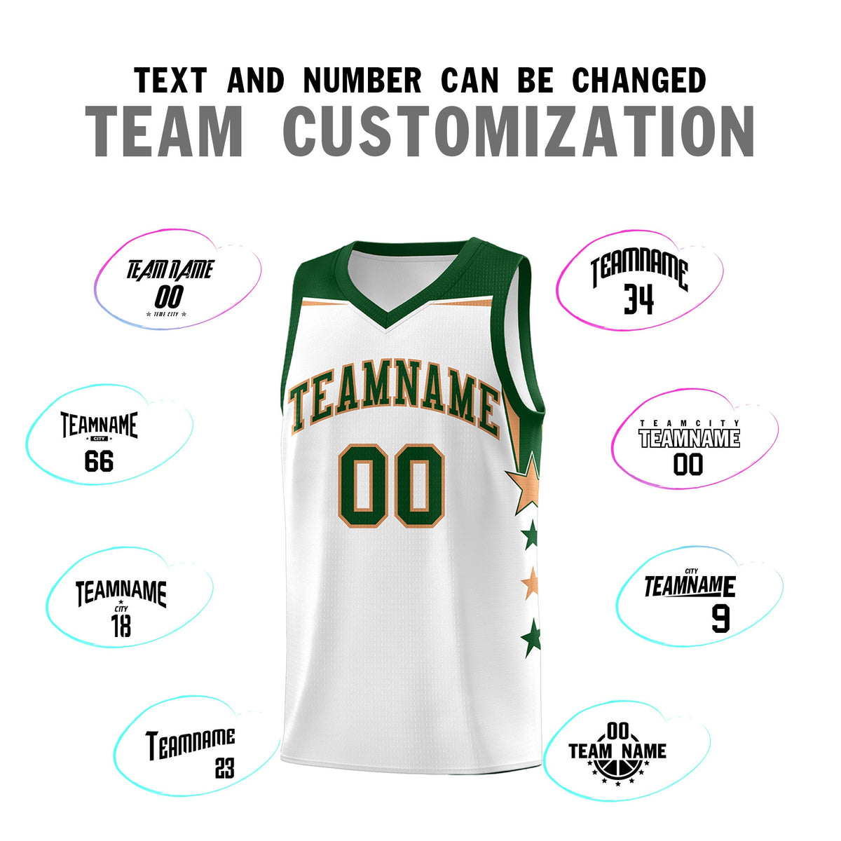 Custom Youth Basketball Uniform White Green Two Tone Side Star Add Name Number &amp; Logo