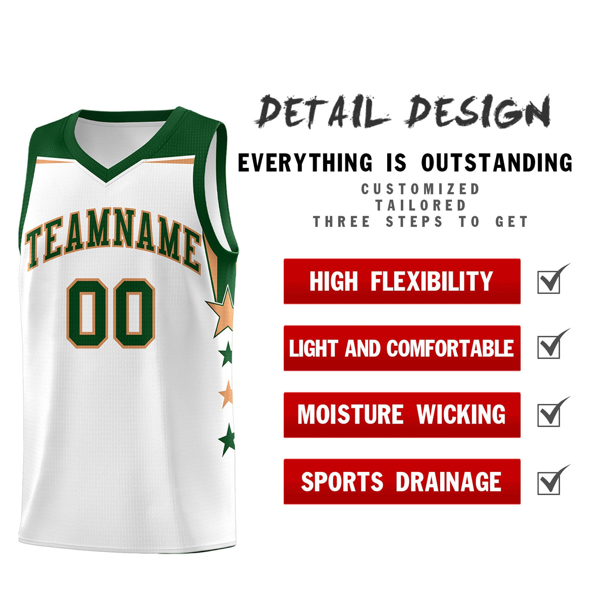 Custom Youth Basketball Uniform White Green Two Tone Side Star Add Name Number &amp; Logo