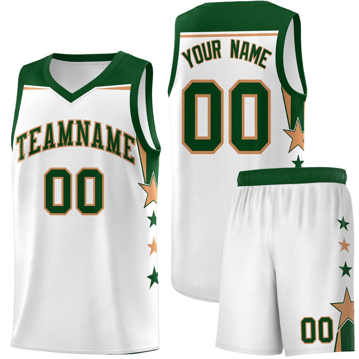 Custom Youth Basketball Uniform White Green Two Tone Side Star Add Name Number &amp; Logo