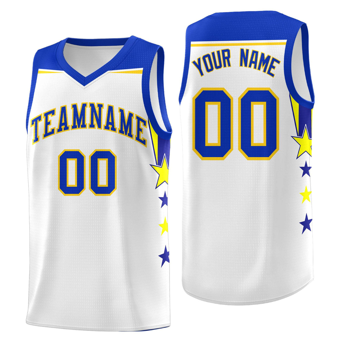 Custom Youth Basketball Uniform White Royal Two Tone Side Star Add Name Number &amp; Logo