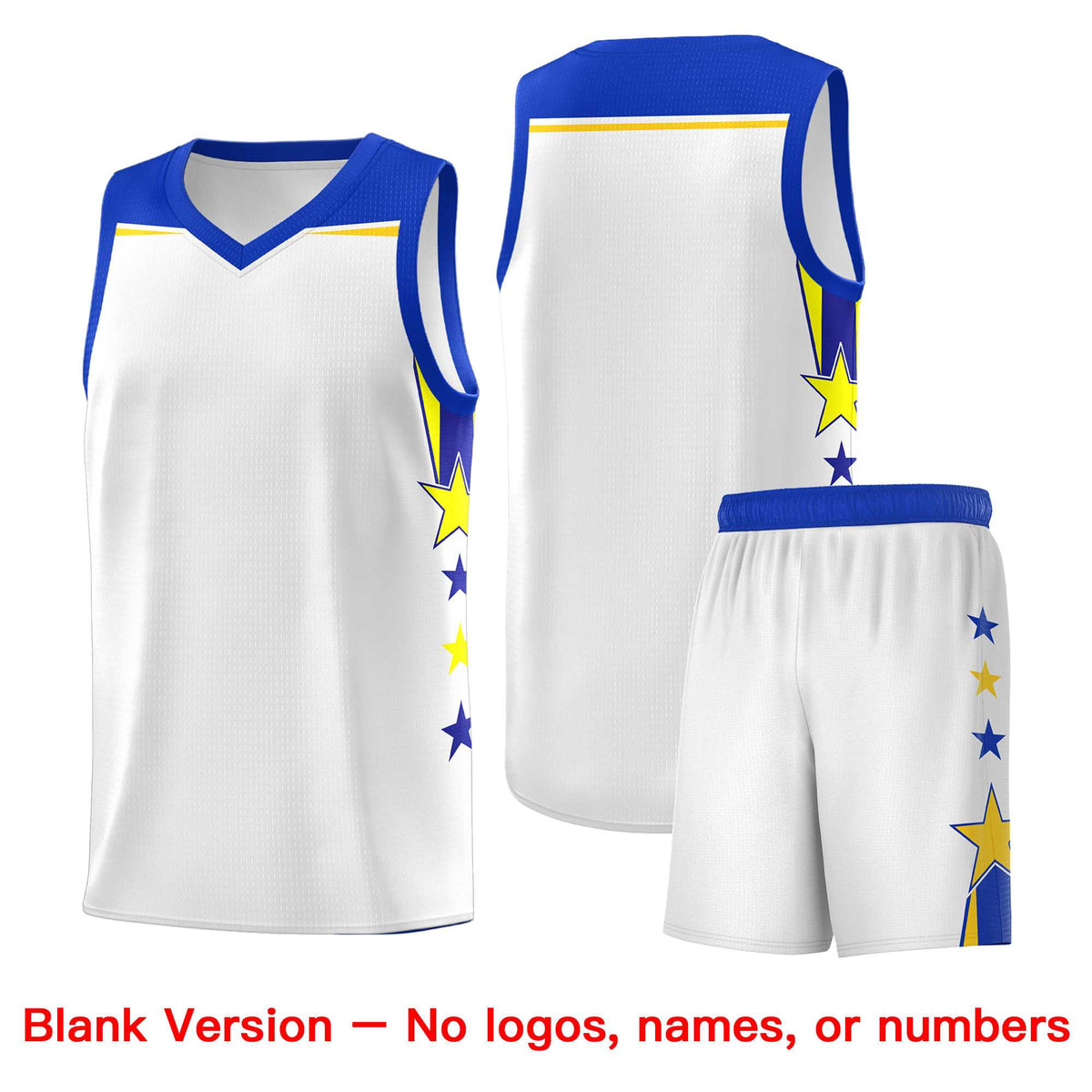 Custom Youth Basketball Uniform White Royal Two Tone Side Star Add Name Number &amp; Logo