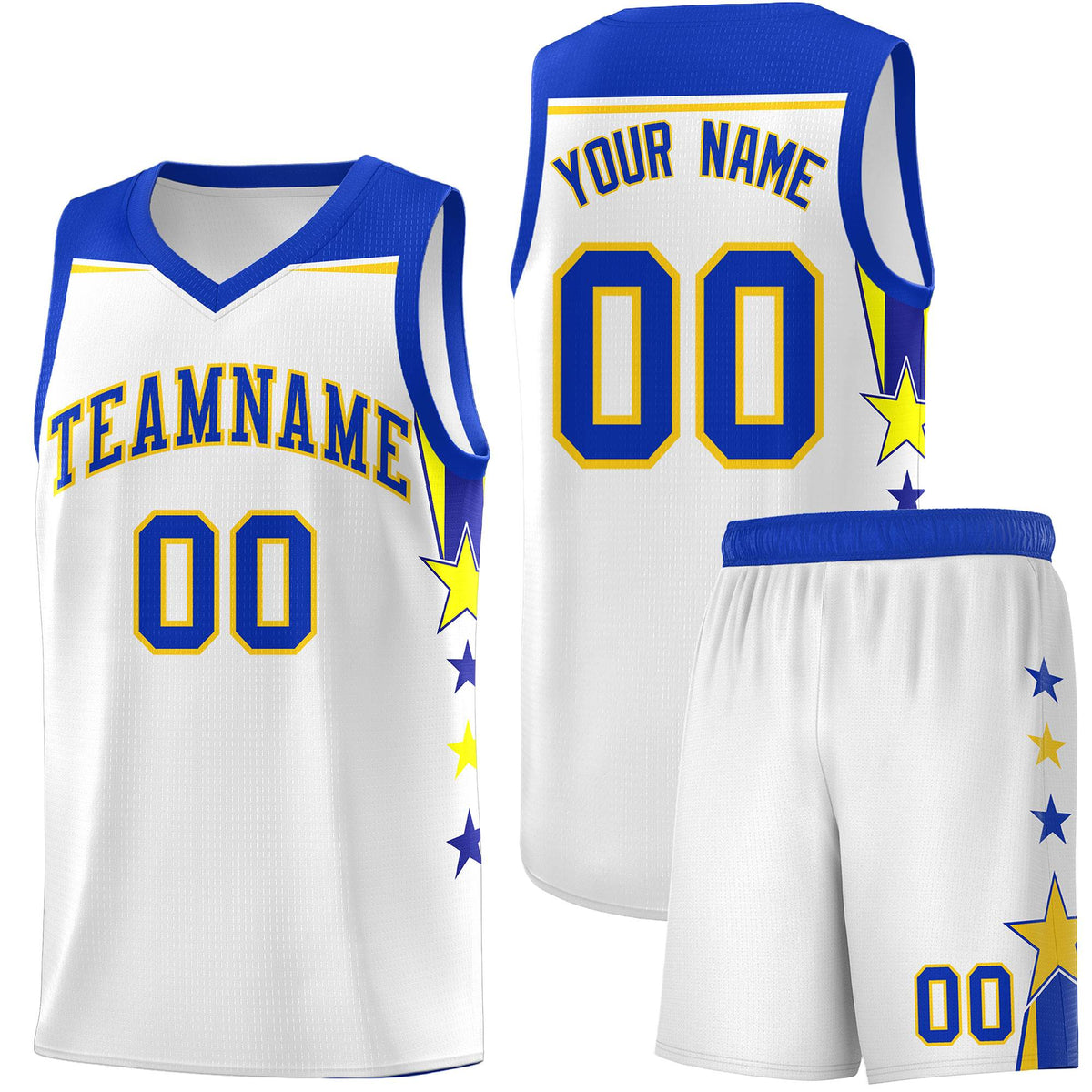 Custom Youth Basketball Uniform White Royal Two Tone Side Star Add Name Number &amp; Logo