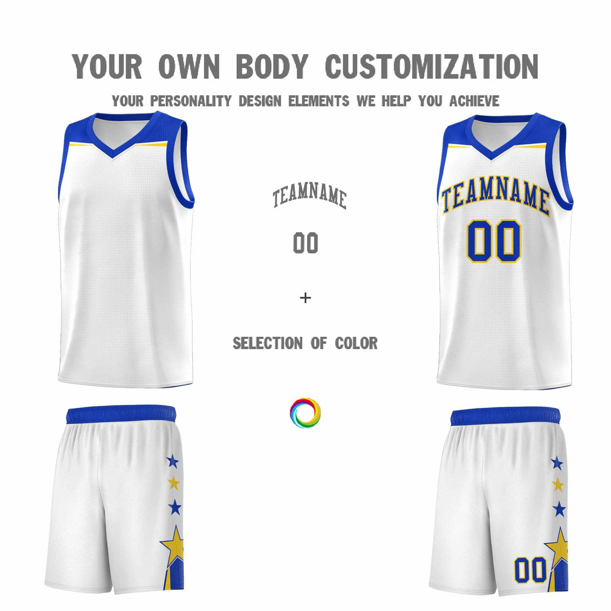 Custom Youth Basketball Uniform White Royal Two Tone Side Star Add Name Number &amp; Logo