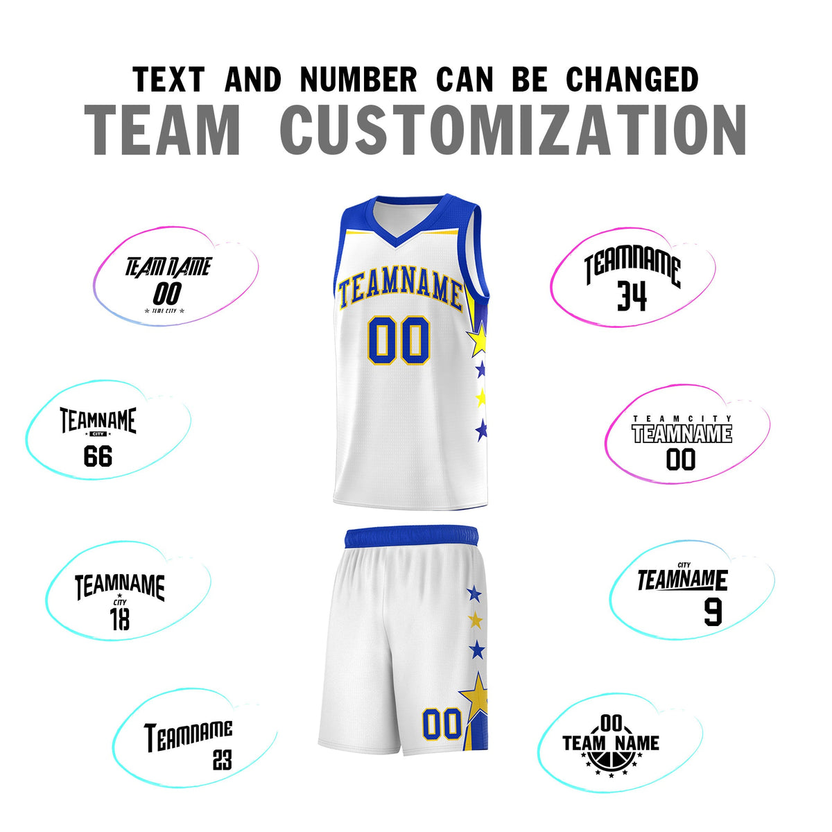 Custom Youth Basketball Uniform White Royal Two Tone Side Star Add Name Number &amp; Logo