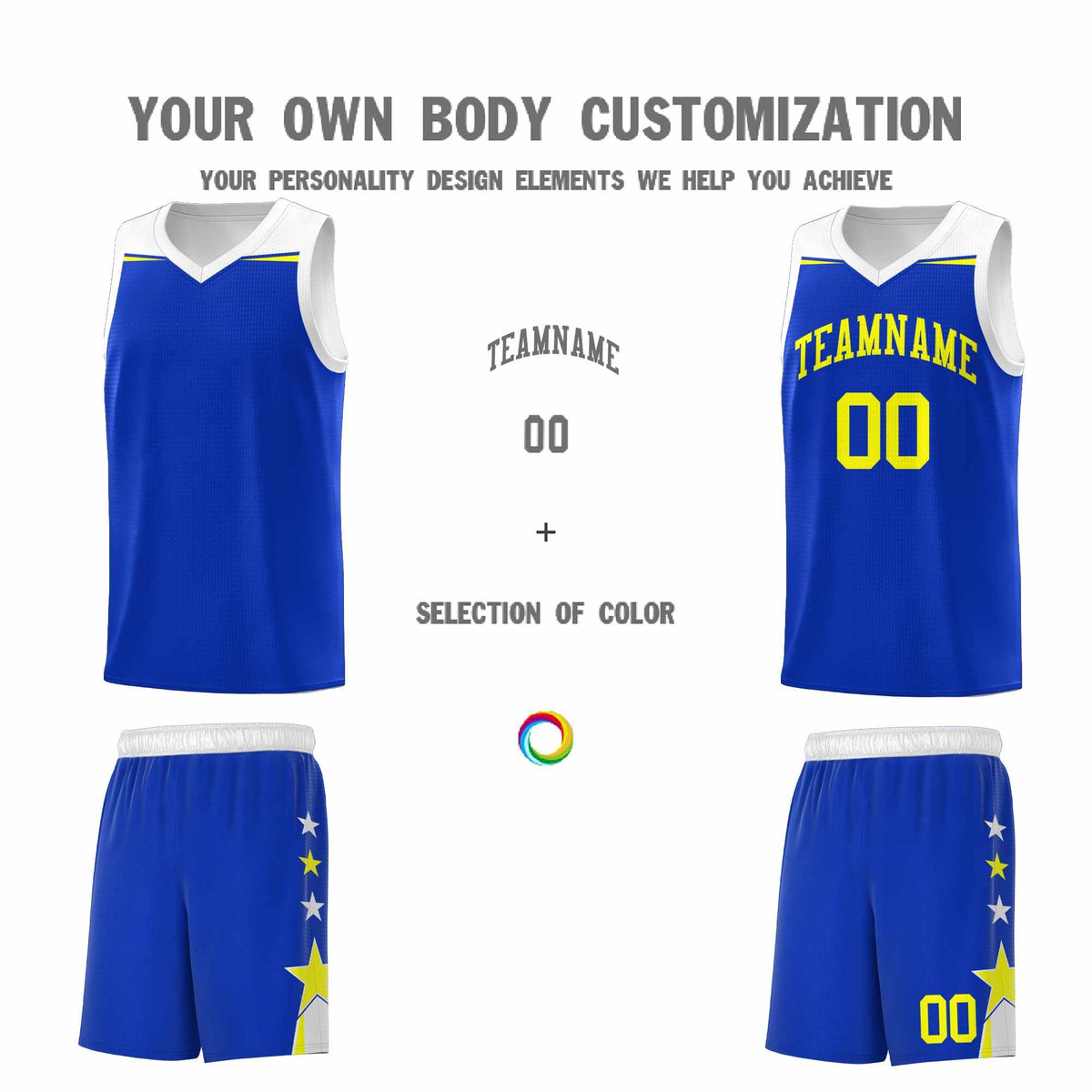 Custom Youth Basketball Uniform Royal White Two Tone Side Star Personalized Team Jersey