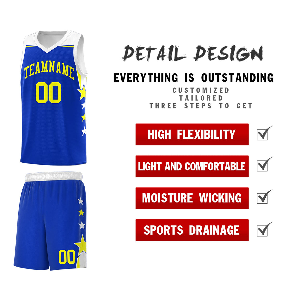 Custom Youth Basketball Uniform Royal White Two Tone Side Star Personalized Team Jersey