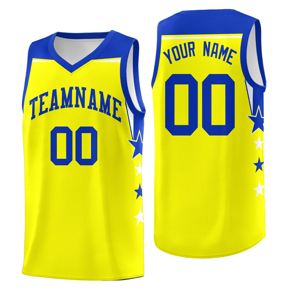 Custom Youth Basketball Uniform Fluorescent Yellow Royal Two Tone Side Star Color Block Team Jersey