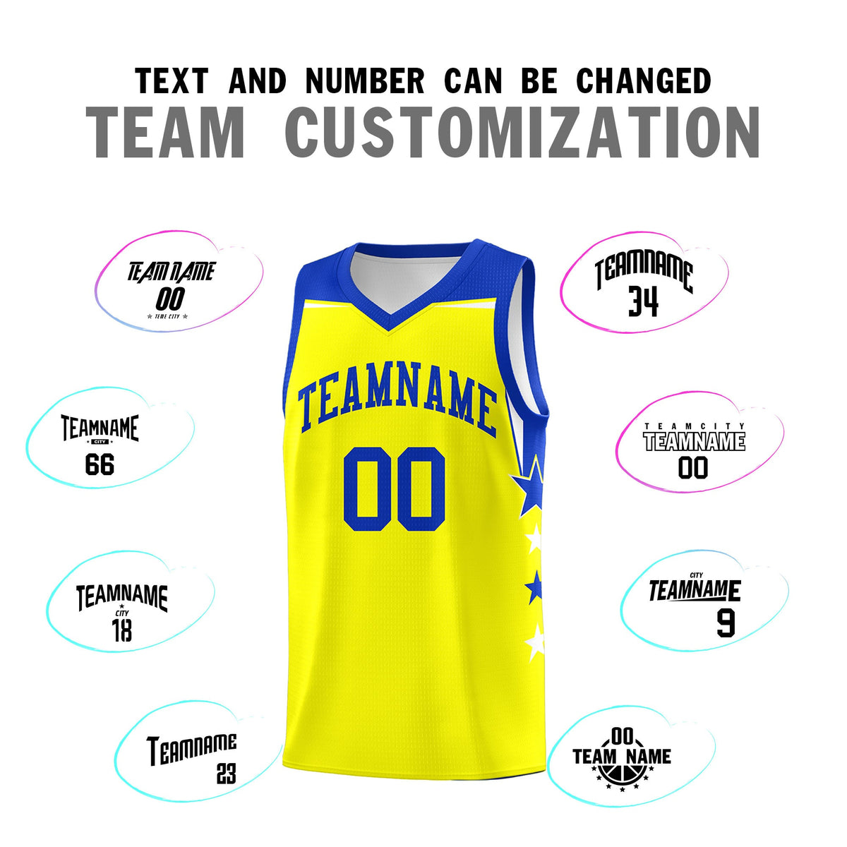 Custom Youth Basketball Uniform Fluorescent Yellow Royal Two Tone Side Star Color Block Team Jersey